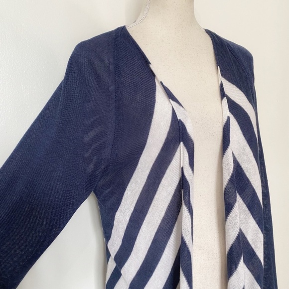 J JILL LINEN BLEND WHITE NAVY STRIPED NAUTICAL COASTAL CARDIGAN - M - Picture 4 of 9
